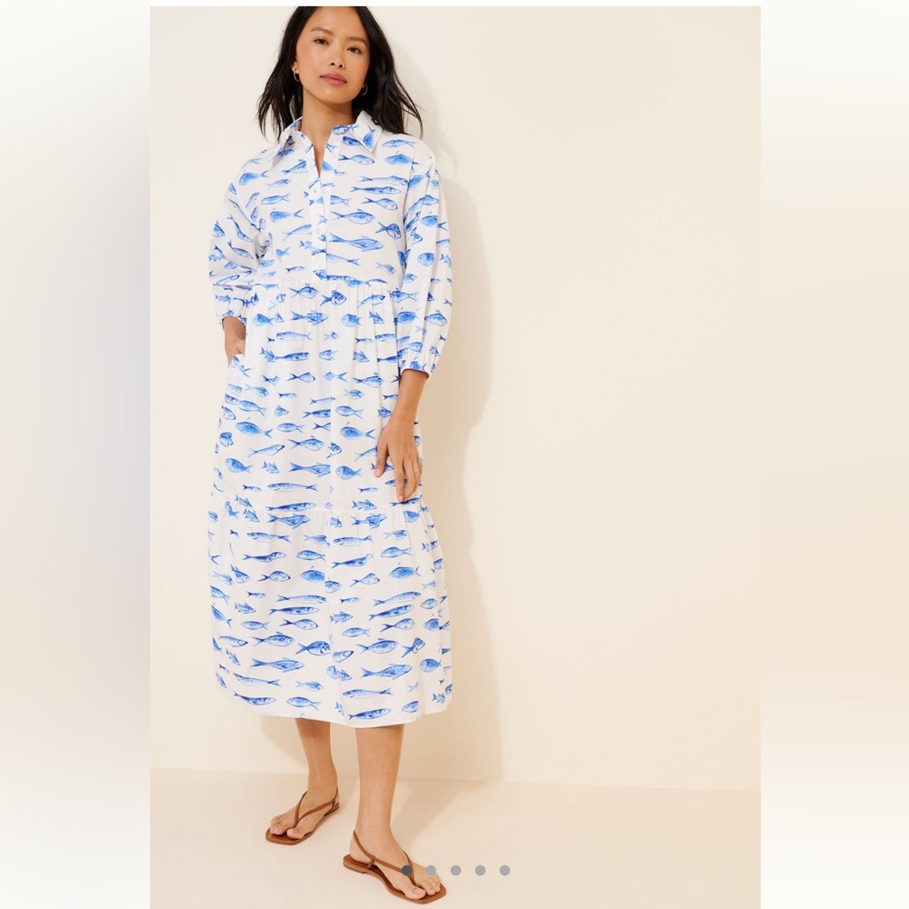 Anthropologie The Bettina Tiered Shirt Dress by Maeve in Blue Fish Pattern, S